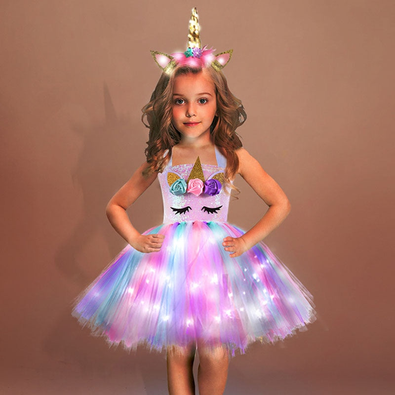 Girls Shiny Unicorn TUT Dress Glowing Kids Unicorn Dresses For Girls Hallowmas Party Princess Dress Children Clothing vestidos