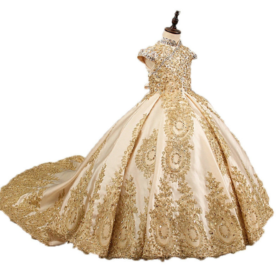 Golden Beads Flower Girl Dresses For Wedding Fashionable Pageant Gown Sleeveless lace Appliques Holy Communion Dresses for girl