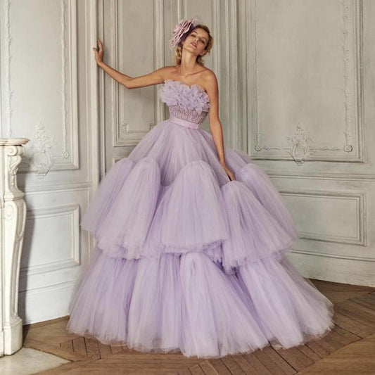 Lavender Purple Ball Gown Dress Beaded Ruffles Dress Lush Tulle Dress For Women Fluffy Prom Dresses Soft Wedding Dress For Bride