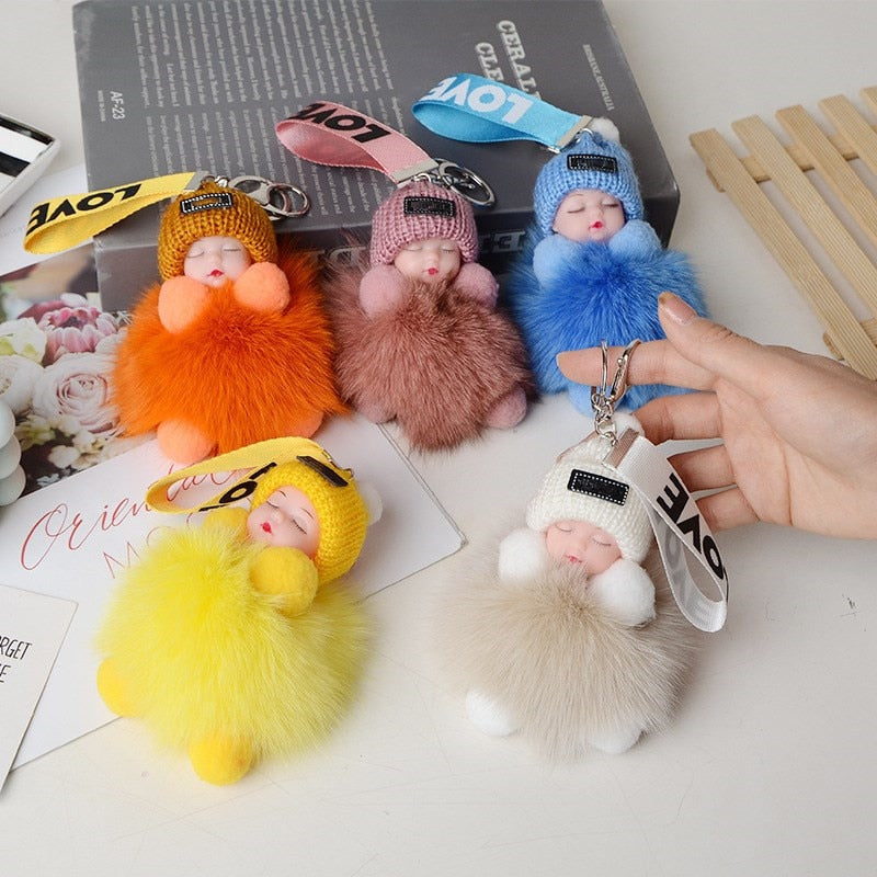 Real Fox Fur Pompom Sleeping Baby Keychain Fluffy Plush Doll