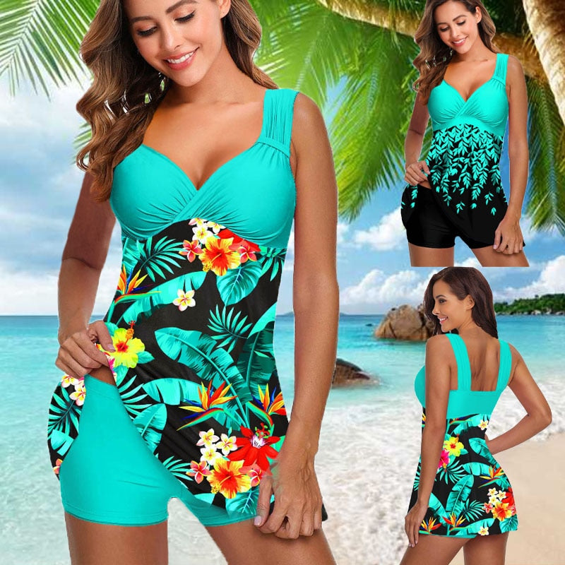 Plus Size Two-Piece Swimwear Women's Flower Print Summer Large Bathing Suits Tankini Beachwear Bikini Swimdress