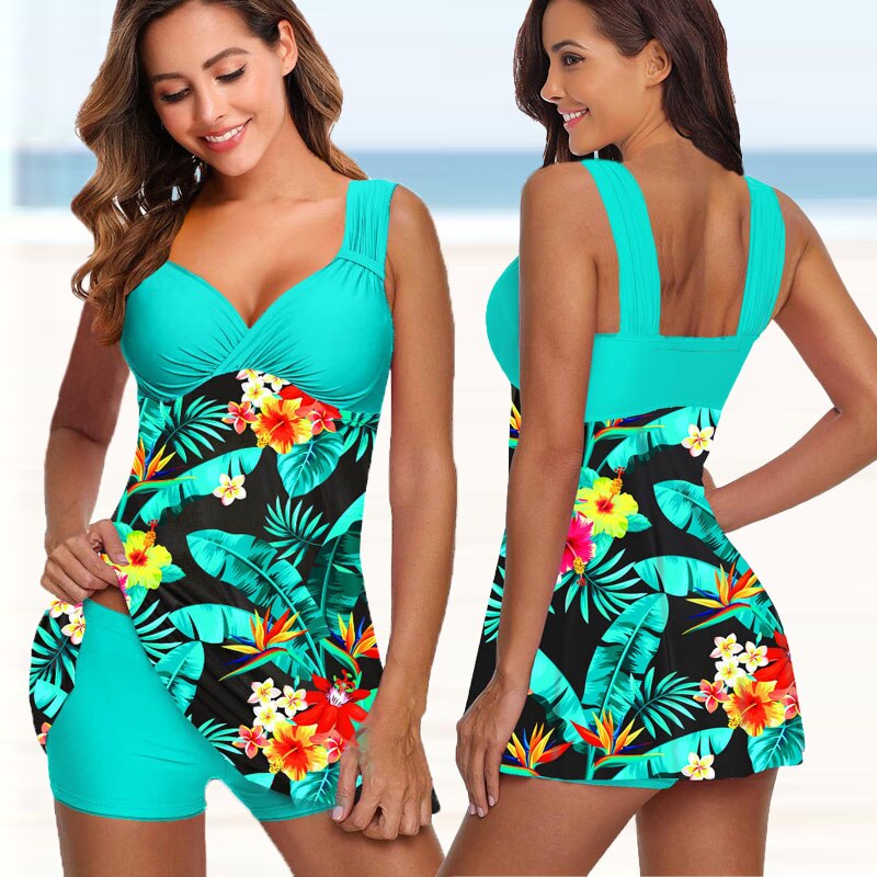 Plus Size Two-Piece Swimwear Women's Flower Print Summer Large Bathing Suits Tankini Beachwear Bikini Swimdress