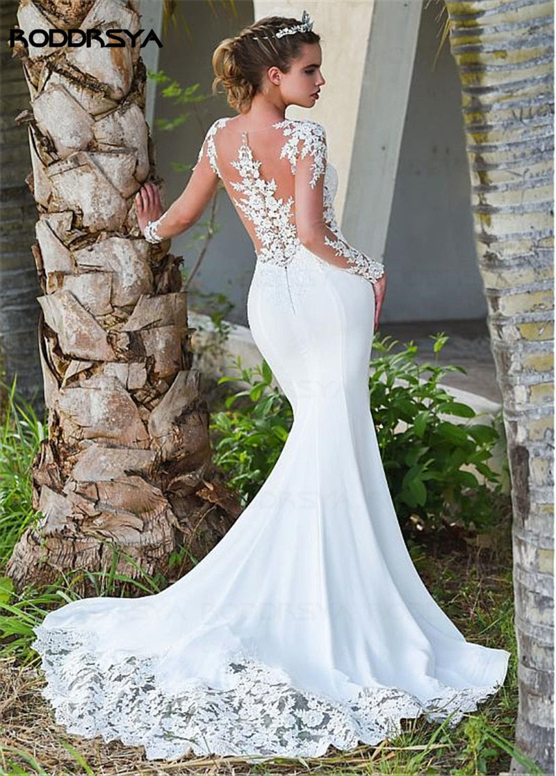 Floniel Designer Long Sleeves Sheer Illusion Lace Appliques Mermaid Wedding Dresses Bridal Gowns See Through Back White / 24W / China Floniel Designer Long Sleeves Sheer Illusion Lace Appliques Mermaid Wedding Dresses Bridal Gowns See Through Back White / 24W / China