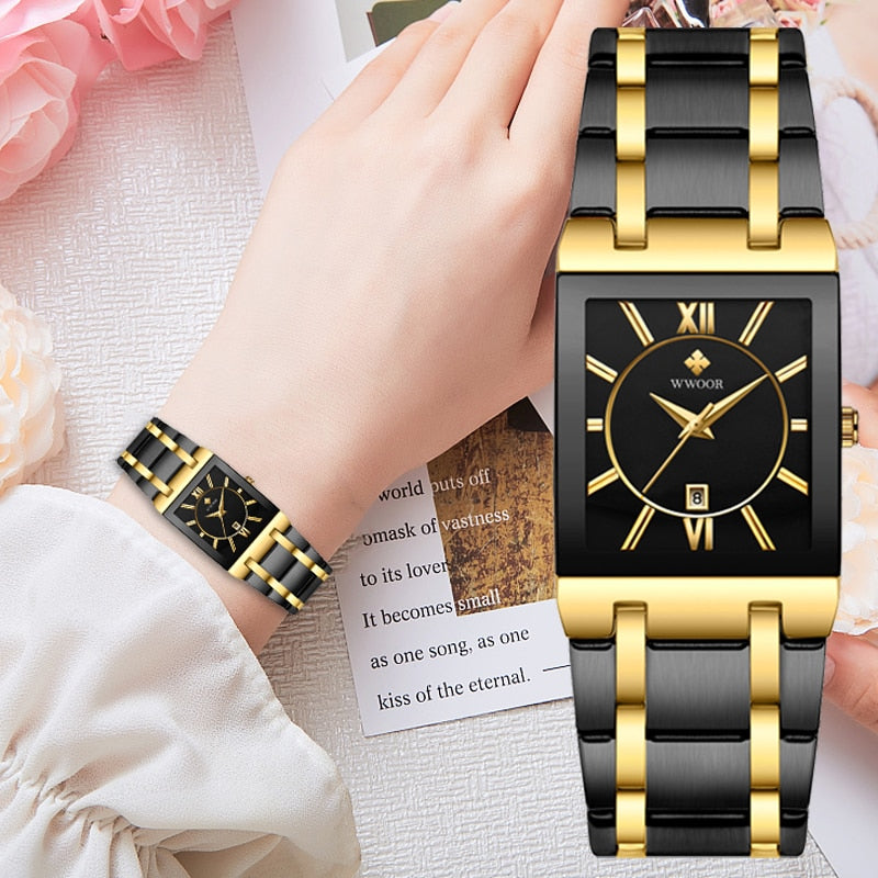 WWOOR Ladies Fashion Watches Top Brand Luxury Square Dress Black Gold Quartz Wrist Watch Stainless Steel Waterproof Women Watch