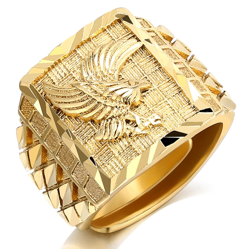 Punk Rock Eagle Men 's Ring Luxury Gold Color Resizable To 7-11 Finger Jewelry Never Fade