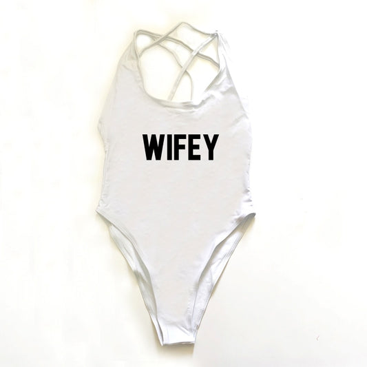 WIFEY Letter Print One Piece Swimsuit Swimwear Women Cross Back Bathing Suit Beachwear-bikini-Top Super Deals-Free Item Online