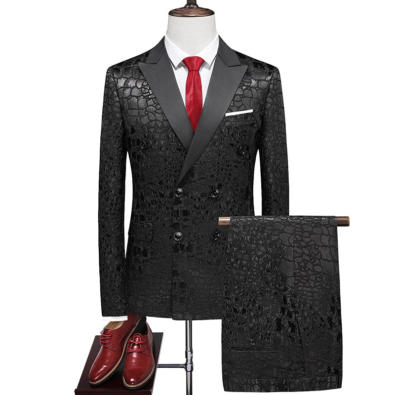 Fashion Luxury Wedding Banquet Groom Dress 2 Piece Suit British Style Classic Men Prom Party Jacquard Blazer and Pants