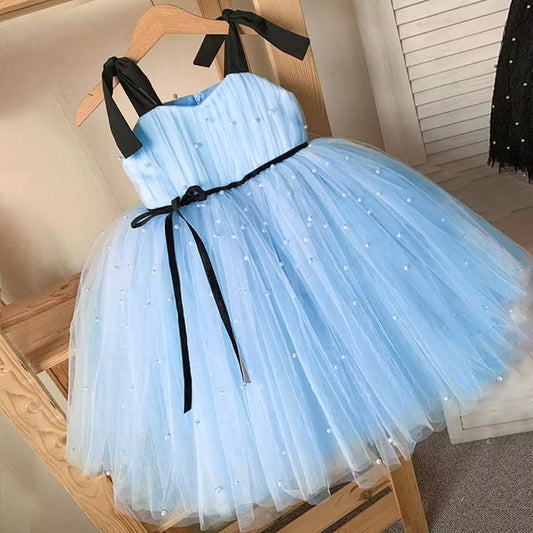 Kids Dress For Girls Strap Tulle Fluffy Princess Eleagnt Party Tutu Prom Dresses Children Wedding Evening Bowknot Gown 1-5 Years