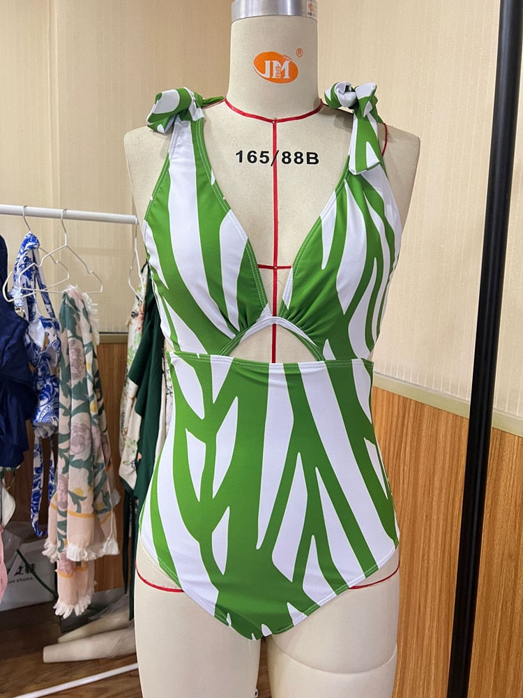 One Piece Swimwear Women Sexy Stripe Print Deep V-Neck Bikini Swimsuit Hot Sale