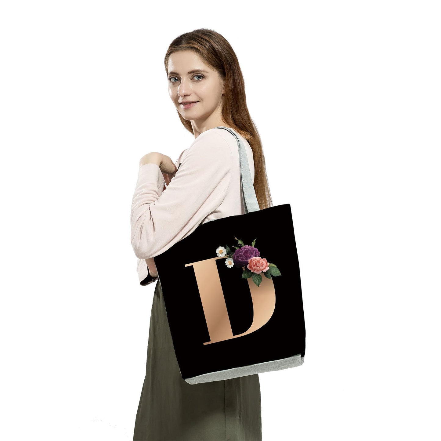 Black Customized Letter Alphabets Women Tote Shoulder Handbag