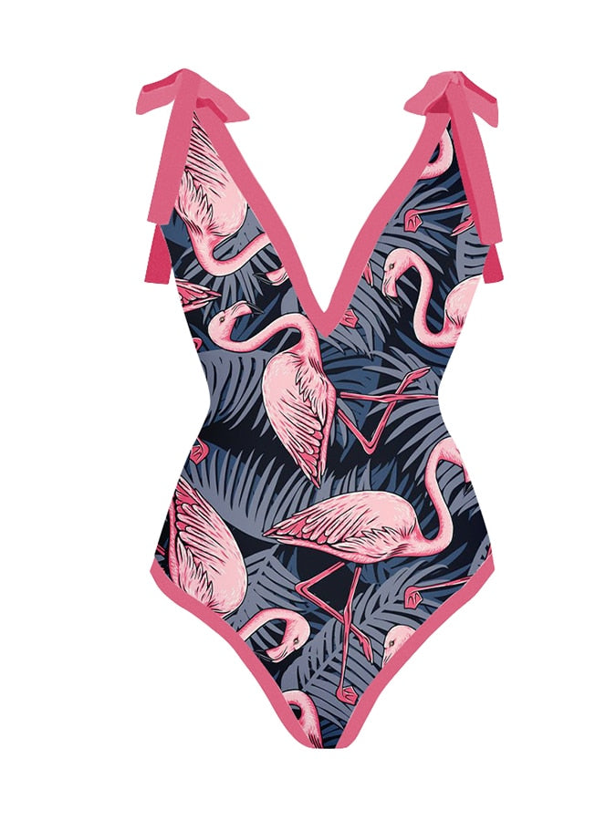 Swimsuit Flamingo Print One Piece Suit with Skirt Beach Dress Bathing Suit Summer Surf Wear