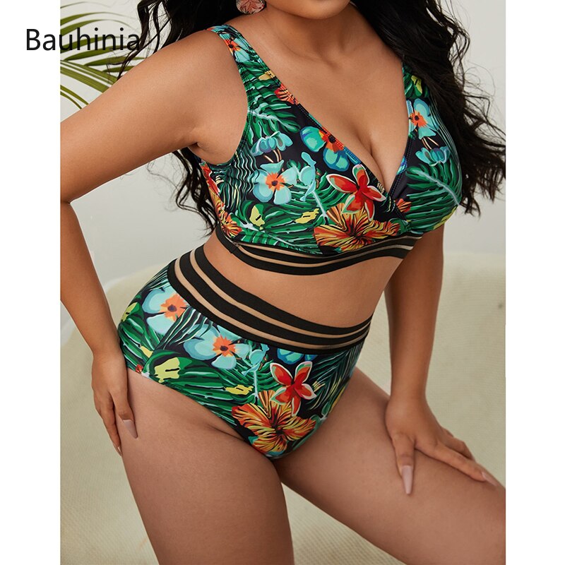 Plus Size Swimsuits 2 Pieces Set Women High Waist Push Up Bikini Sets Flower Print Bathing Suits