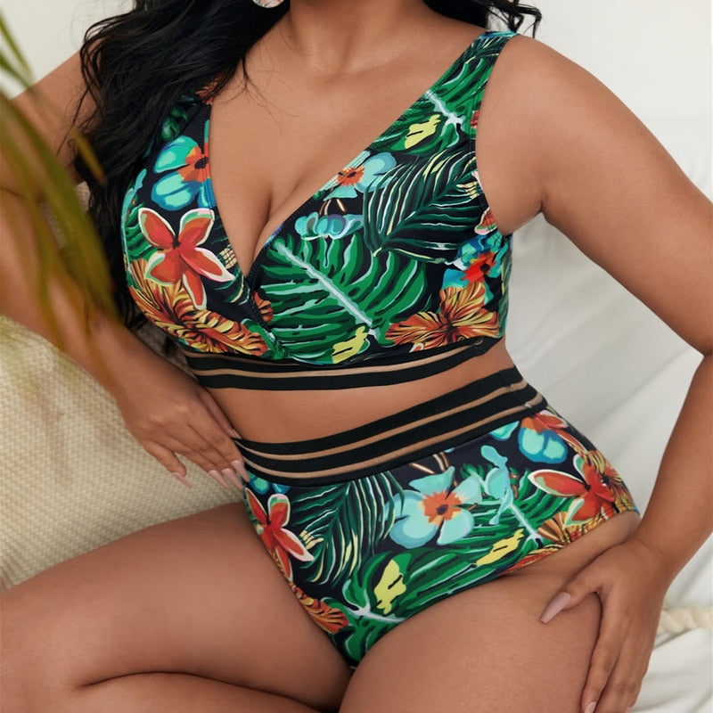 Plus Size High Waist Two Pieces Bikini Set Swimsuit Women Beachwear Swimwear Bathing Suit