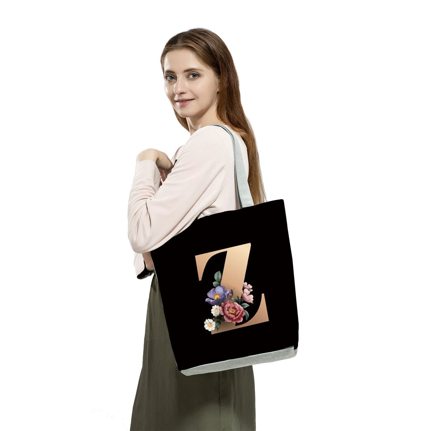 Black Customized Letter Alphabets Women Tote Shoulder Handbag