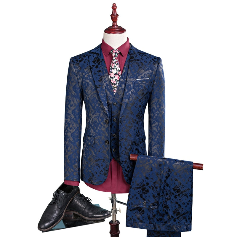 Men Suit Business Leisure Single Breasted Suits 3 Pieces Sets Male Printing Groom Wedding Dress Jacket Blazers Coat Vest Pants