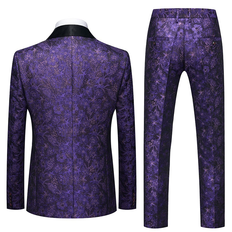 Blue Floral Pattern Suits Set-Tuxedos-Top Super Deals-Free Item Online