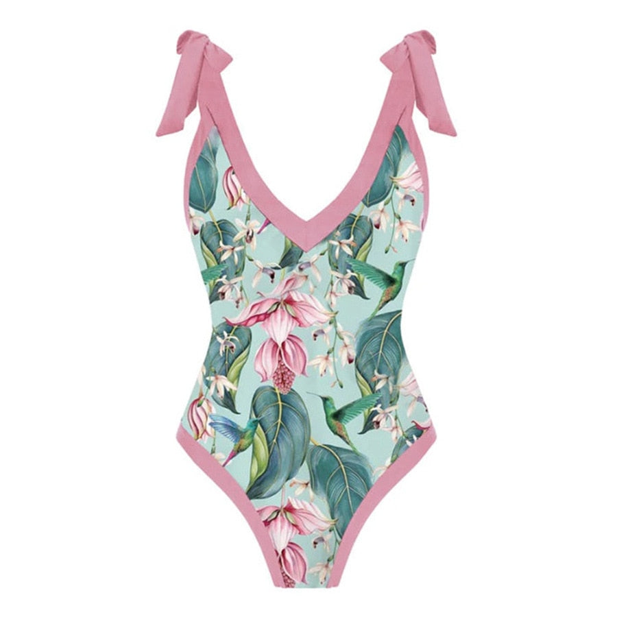 Bowknot One Piece Swimsuit Women Swimwear Skirt Cover Up Brazilian Bikini New Floral Print Beach Bathing Suit Set