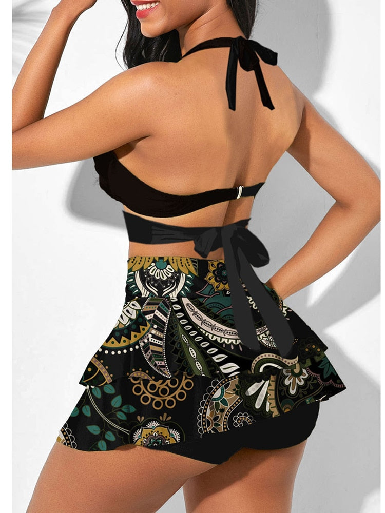 Women Swimsuit Summer Push Up 2 Piece Bikini Set High Waist Sports Swimwear With Cover Up Skirt Bathing Suit