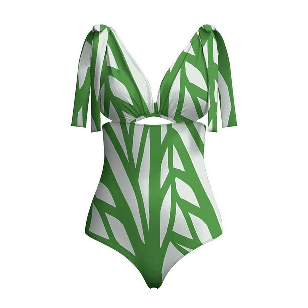 One Piece Swimwear Women Sexy Stripe Print Deep V-Neck Bikini Swimsuit Hot Sale