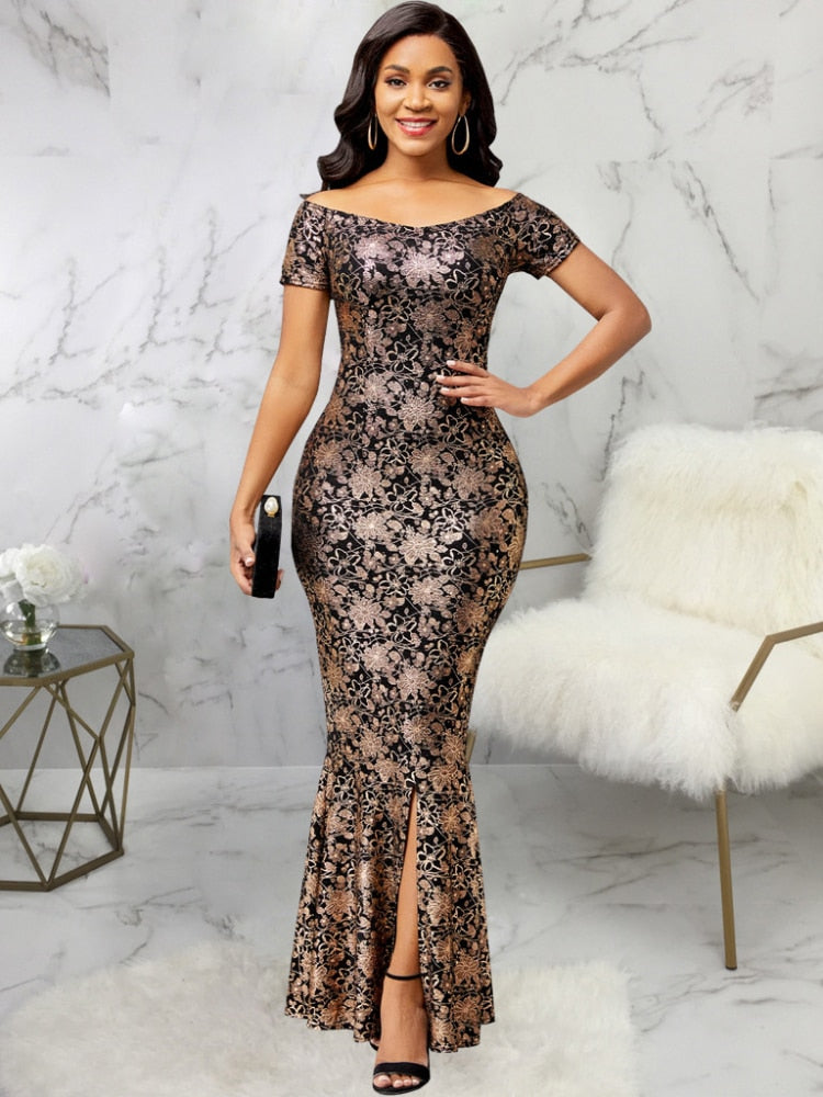 Floral Print Dress Fashion Autumn Slim Fit Off Shoulder Elegant