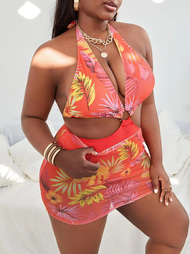 Halter Plus Size V Neck Push Up Bikini Swimsuits Bathing Suit With Mesh Sarong Skirt Swim dress