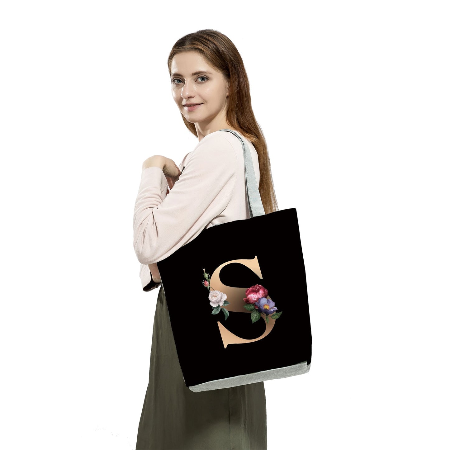 Black Customized Letter Alphabets Women Tote Shoulder Handbag