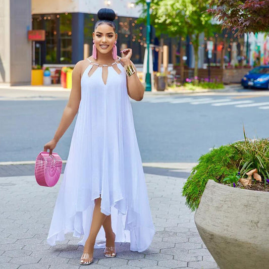 Summer New Women's Fashion Sexy Sleeveless Open Back Long Street Dress Solid Loose Pullover Metal Decoration  Dress