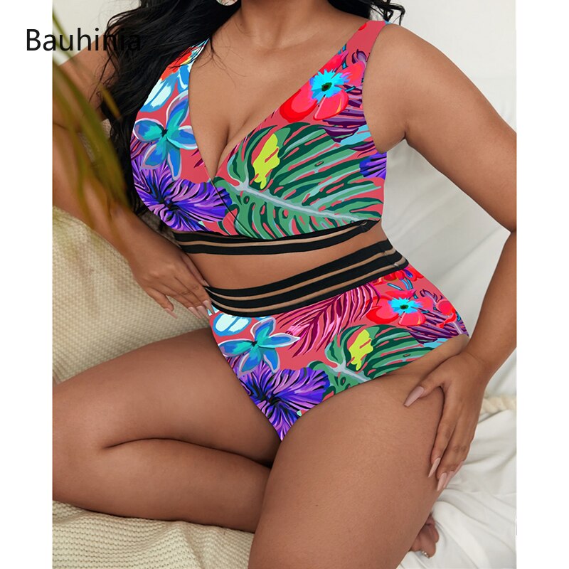 Plus Size Swimsuits 2 Pieces Set Women High Waist Push Up Bikini Sets Flower Print Bathing Suits