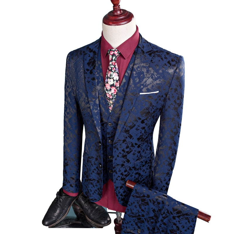 Men Suit Business Leisure Single Breasted Suits 3 Pieces Sets Male Printing Groom Wedding Dress Jacket Blazers Coat Vest Pants