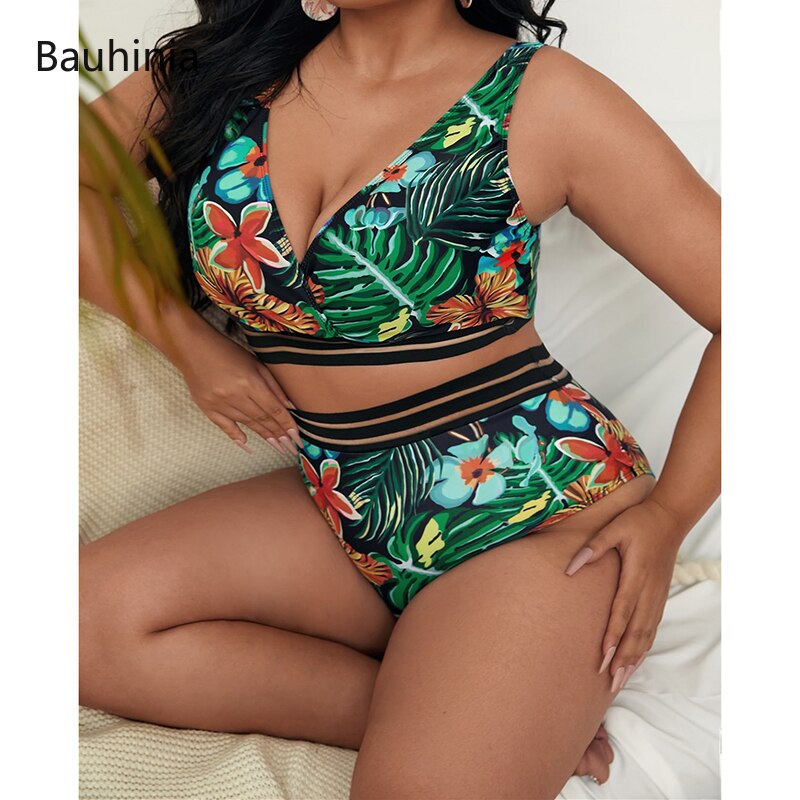 Plus Size Swimsuits 2 Pieces Set Women High Waist Push Up Bikini Sets Flower Print Bathing Suits