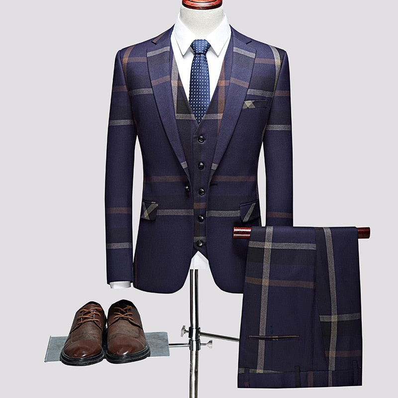 Dylan Trio 3 Pcs Suits Set Plaid Slim Fit Formal Dress Blazers With Pants-mens suits-Top Super Deals-Free Item Online