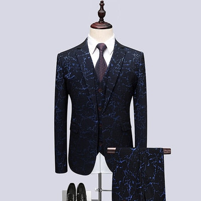 Floral Print 3 Piece Suit Set Men Luxury Bronzing Blazers Vest Trousers