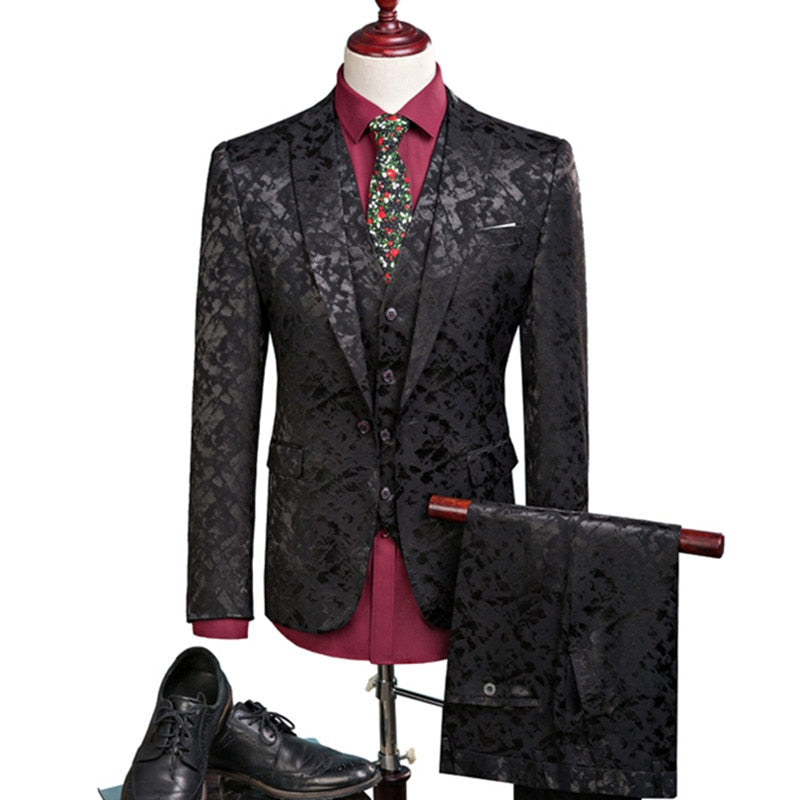 Men Suit Business Leisure Single Breasted Suits 3 Pieces Sets Male Printing Groom Wedding Dress Jacket Blazers Coat Vest Pants