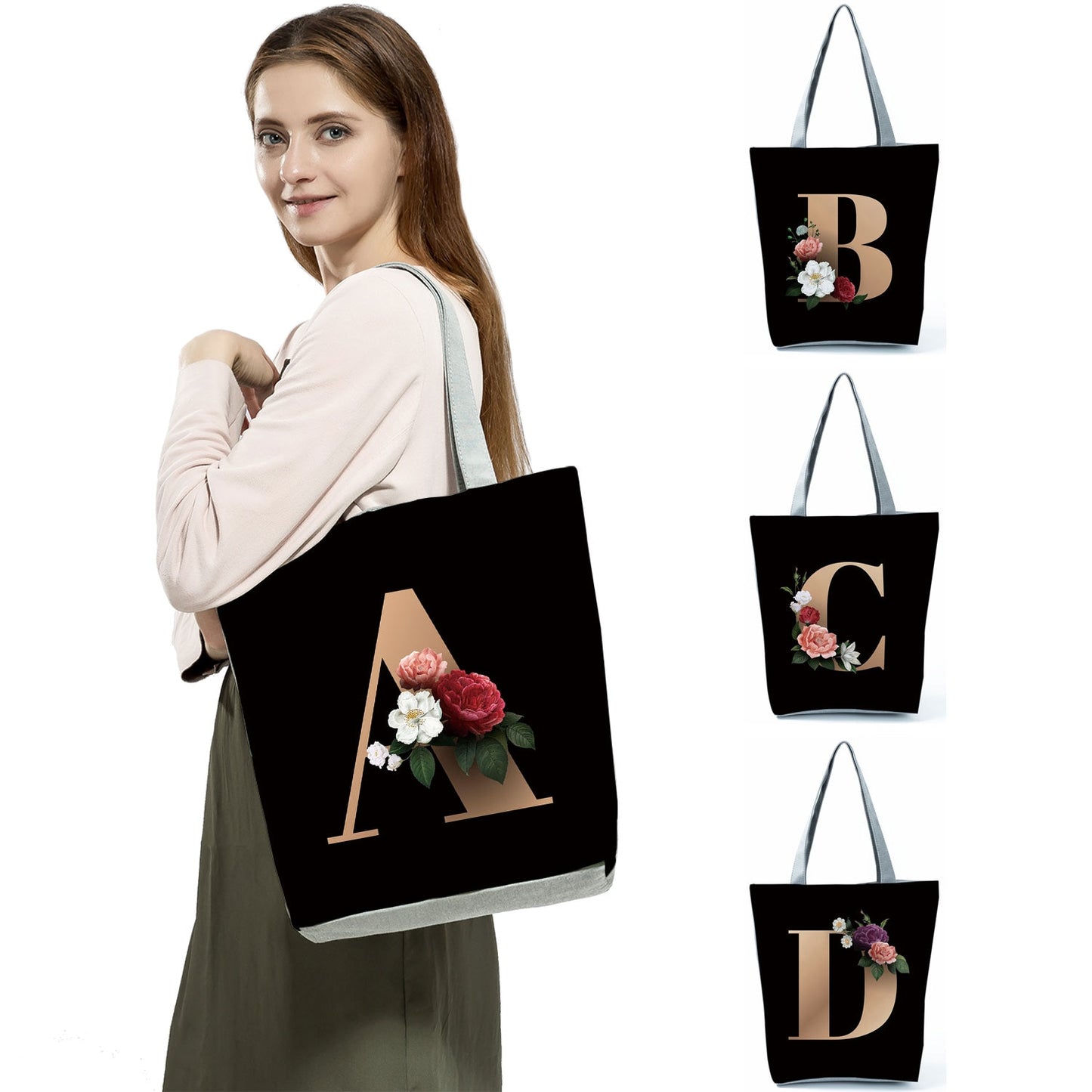 Black Customized Letter Alphabets Women Tote Shoulder Handbag