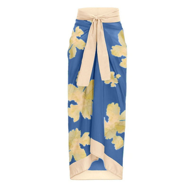 Bowknot One Piece Swimsuit Women Swimwear Skirt Cover Up Brazilian Bikini New Floral Print Beach Bathing Suit Set