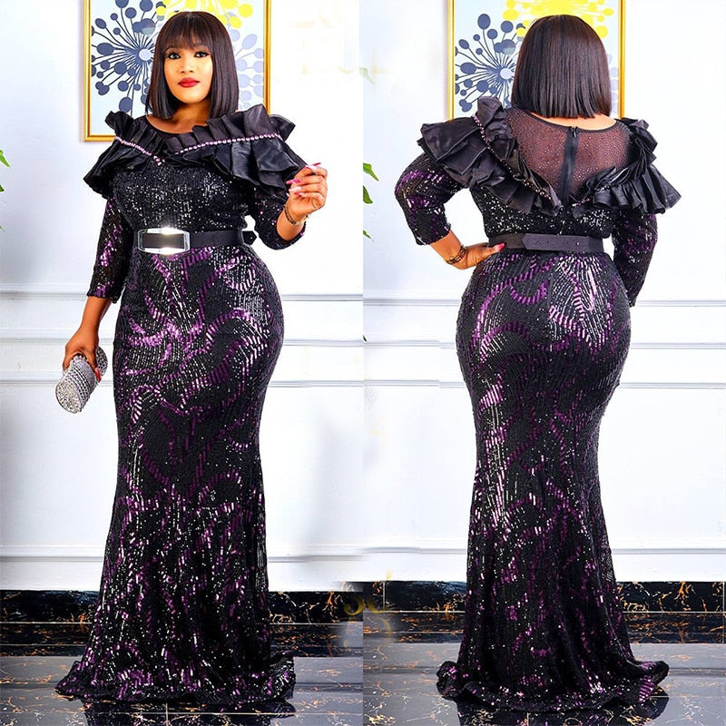 Elegant Glittering Evening Dress Sparkle Sequin Sexy Sheath Maxi Party Gowns Come With Belt