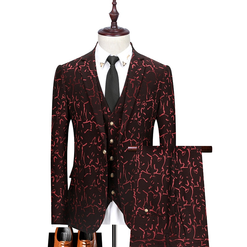 Floral Print 3 Piece Suit Set Men Luxury Bronzing Blazers Vest Trousers