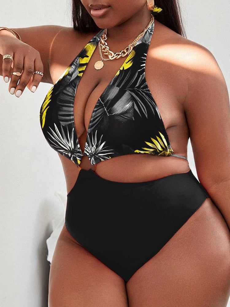 Halter Plus Size V Neck Push Up Bikini Swimsuits Bathing Suit With Mesh Sarong Skirt Swim dress