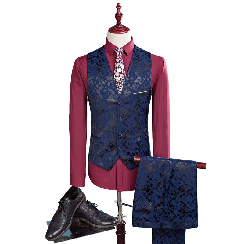 Men Suit Business Leisure Single Breasted Suits 3 Pieces Sets Male Printing Groom Wedding Dress Jacket Blazers Coat Vest Pants