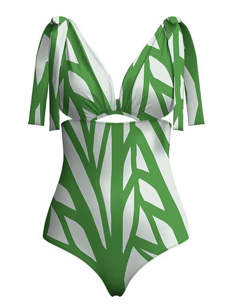 One Piece Swimwear Women Sexy Stripe Print Deep V-Neck Bikini Swimsuit Hot Sale