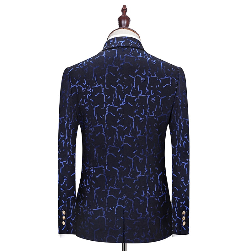 Floral Print 3 Piece Suit Set Men Luxury Bronzing Blazers Vest Trousers