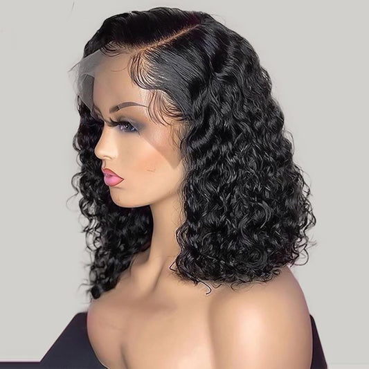 Bob Lace Wig Curly Women Deep Water Curly Wave Human Hair Short Lace Frontal T Part Wig