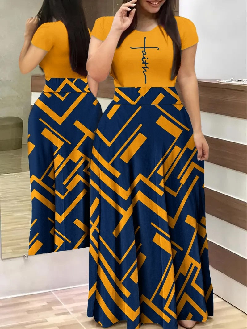 Slim Fit Round Neck Long Panel Printed Dress-party dresses-Top Super Deals-1-S-Free Item Online