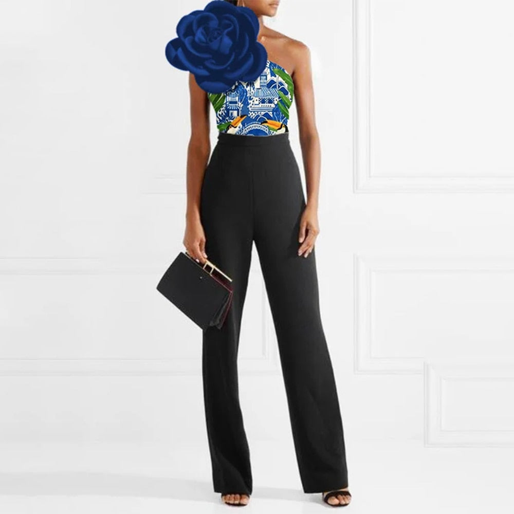 Blue Fashion Printed One-Piece Swimsuit Single Shoulder