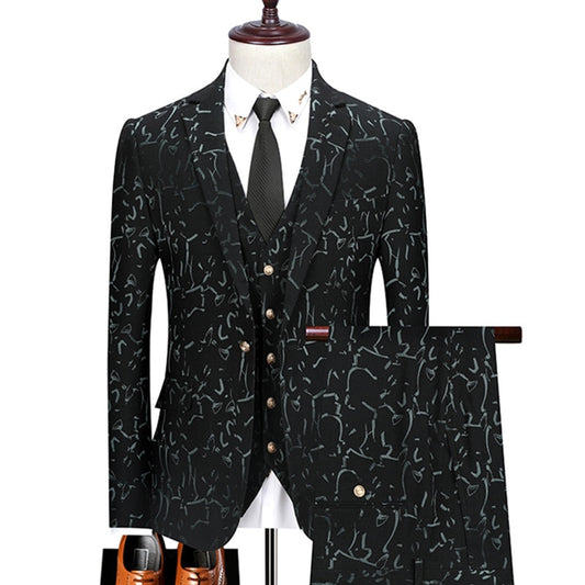 Floral Print 3 Piece Suit Set Men Luxury Bronzing Blazers Vest Trousers