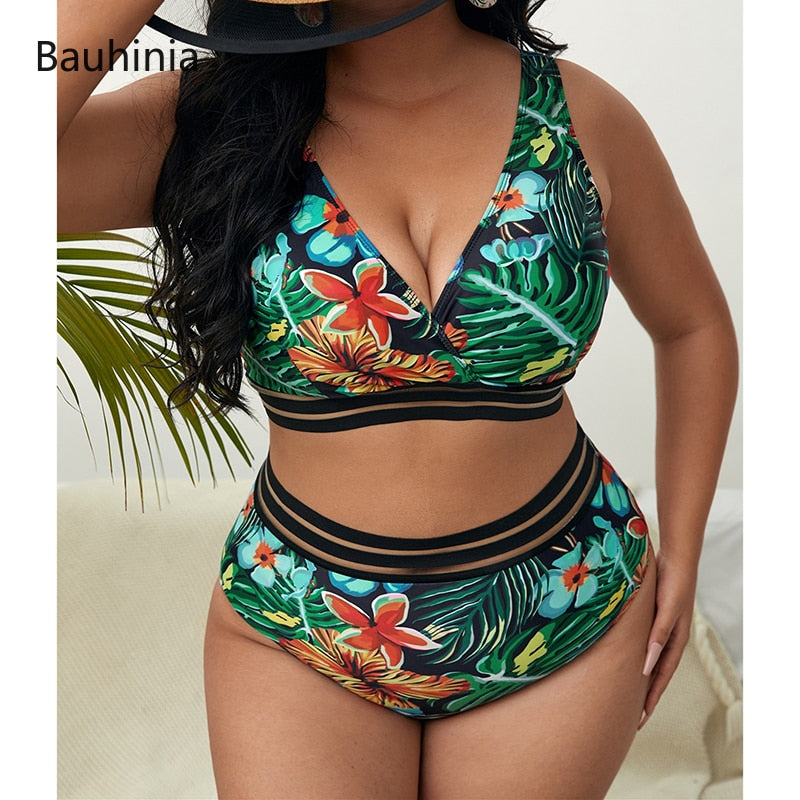 Plus Size Swimsuits 2 Pieces Set Women High Waist Push Up Bikini Sets Flower Print Bathing Suits