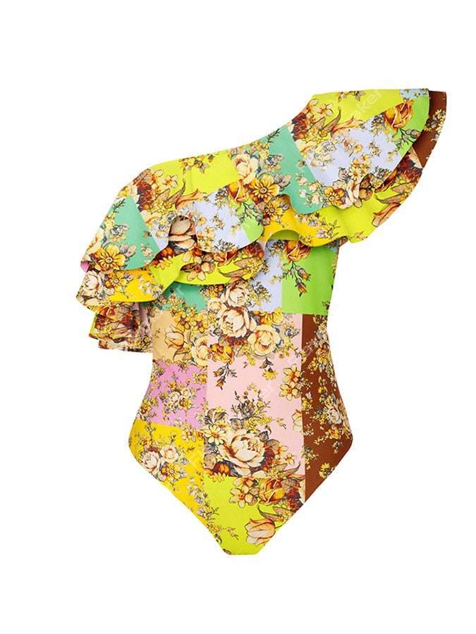 Swimsuit with Skirt Gold Asymmetrical Bathing Suit Summer Surf Wear