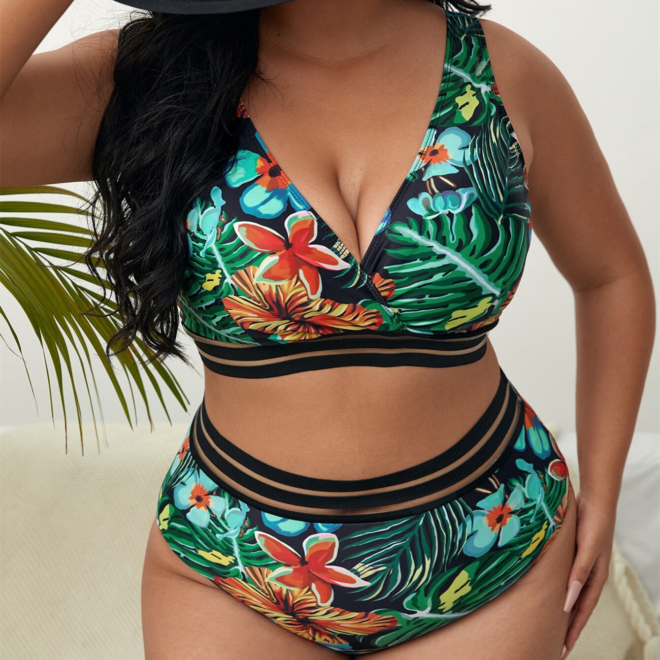 Plus Size High Waist Two Pieces Bikini Set Swimsuit Women Beachwear Swimwear Bathing Suit