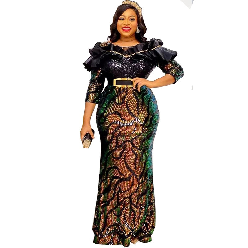 Elegant Glittering Evening Dress Sparkle Sequin Sexy Sheath Maxi Party Gowns Come With Belt