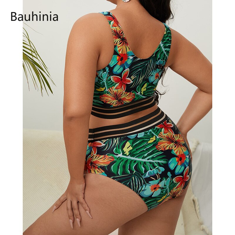 Plus Size Swimsuits 2 Pieces Set Women High Waist Push Up Bikini Sets Flower Print Bathing Suits